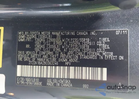 2011 Lexus Rx 350 from USA, damaged, VIN 2T2ZK1BA2BC063246